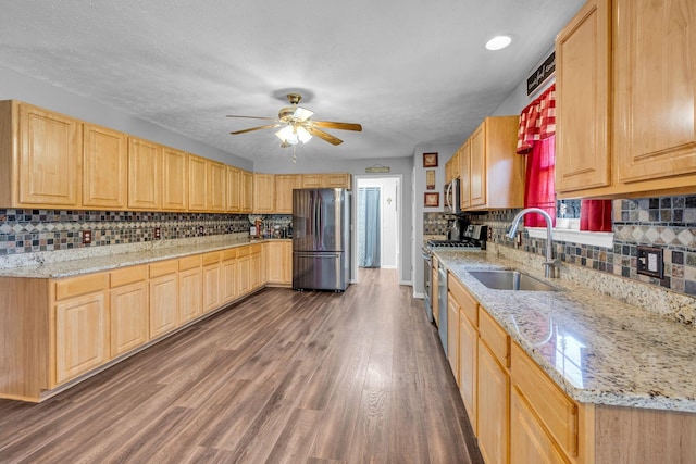 kitchen with light stone counters, light brown cabinetry, appliances with stainless steel finishes, dark wood-type flooring, and a sink