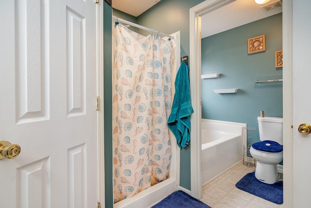 bathroom featuring a shower stall, toilet, a bath, and visible vents