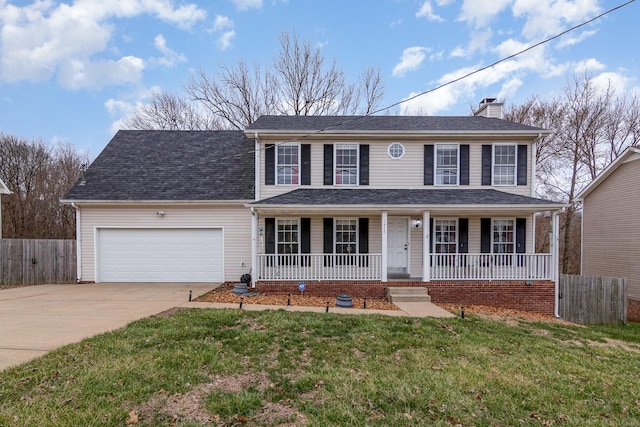 colonial home with fence, covered porch, concrete driveway, a garage, and a chimney