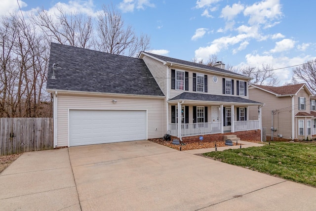 colonial inspired home with fence, driveway, roof with shingles, covered porch, and a garage