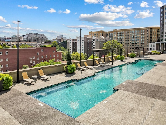 community pool with a patio and a city view