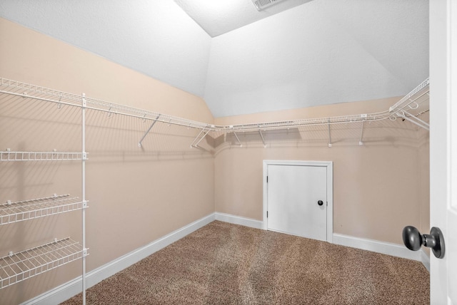 walk in closet with lofted ceiling and carpet flooring