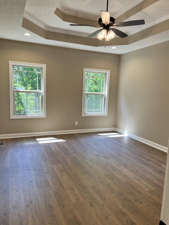 empty room featuring plenty of natural light, a tray ceiling, dark wood finished floors, and crown molding