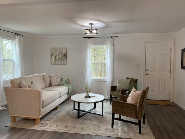 living area with ornamental molding, wood finished floors, and a healthy amount of sunlight