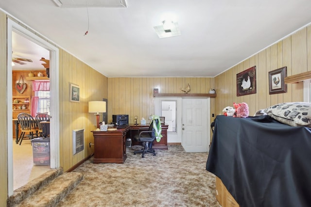 carpeted home office with attic access