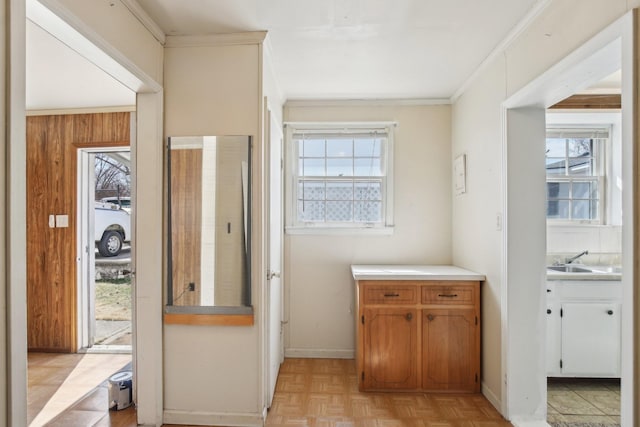 doorway to outside with ornamental molding, a sink, and baseboards