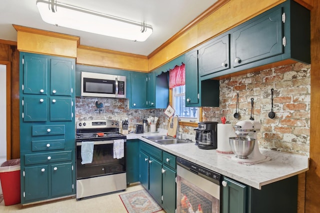 kitchen with light countertops, backsplash, appliances with stainless steel finishes, a sink, and beverage cooler