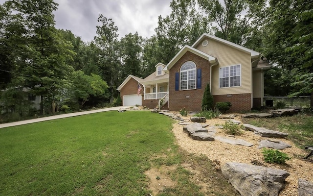 single story home featuring a garage, crawl space, brick siding, and a front lawn