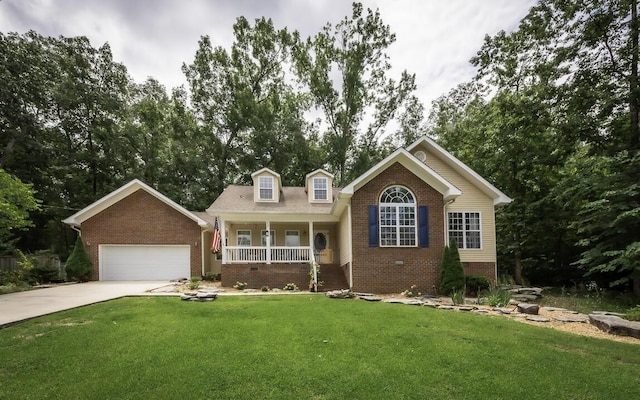 view of front of property with concrete driveway, a porch, a front yard, and brick siding