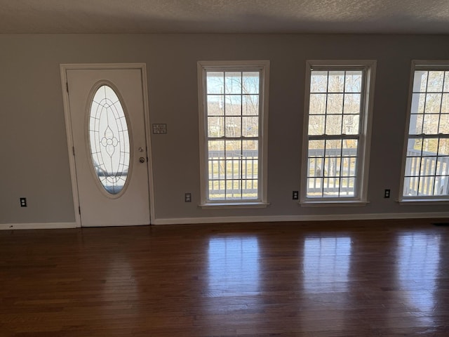 foyer entrance featuring baseboards, dark wood-type flooring, and a textured ceiling