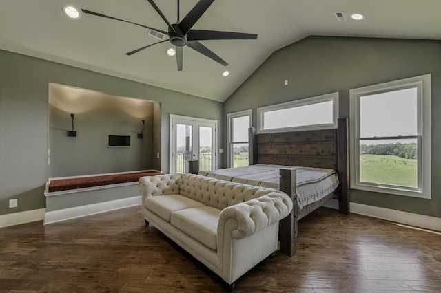 bedroom with lofted ceiling, dark wood-style flooring, visible vents, access to outside, and french doors