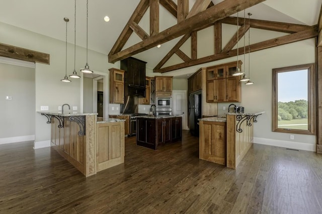 kitchen featuring a peninsula, a center island with sink, appliances with stainless steel finishes, and dark wood finished floors