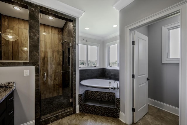 bathroom with a garden tub, vanity, baseboards, a stall shower, and crown molding