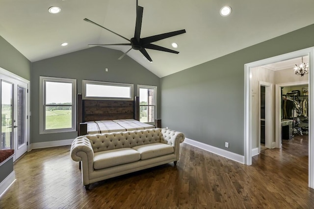 bedroom with baseboards, vaulted ceiling, wood finished floors, and recessed lighting