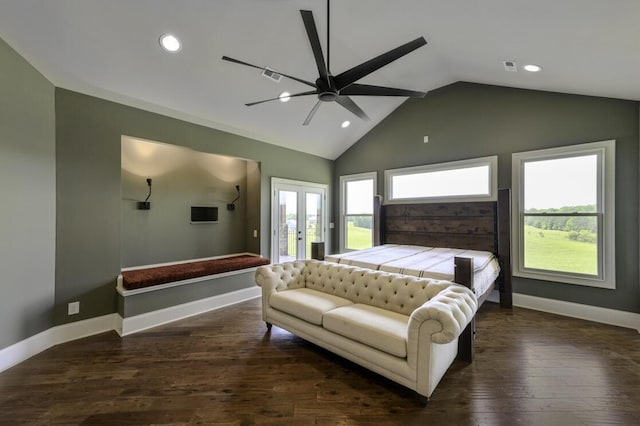 bedroom with lofted ceiling, dark wood-style flooring, baseboards, access to outside, and french doors