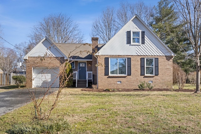 view of front of property featuring a garage, brick siding, concrete driveway, crawl space, and a front yard