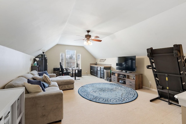 living area with light carpet, ceiling fan, baseboards, and lofted ceiling