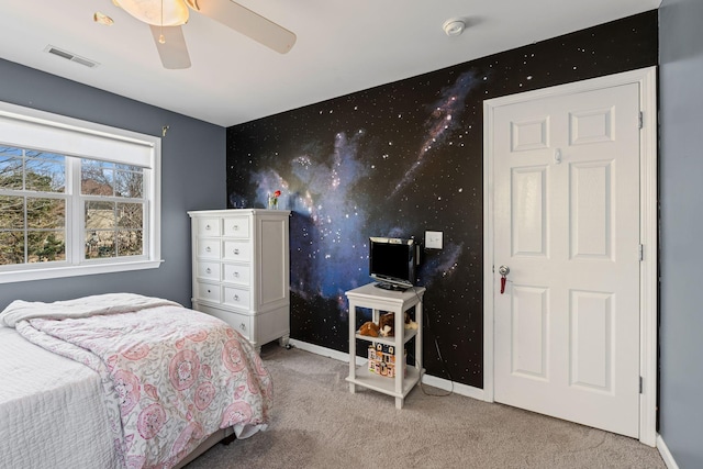 bedroom with baseboards, carpet flooring, visible vents, and wallpapered walls