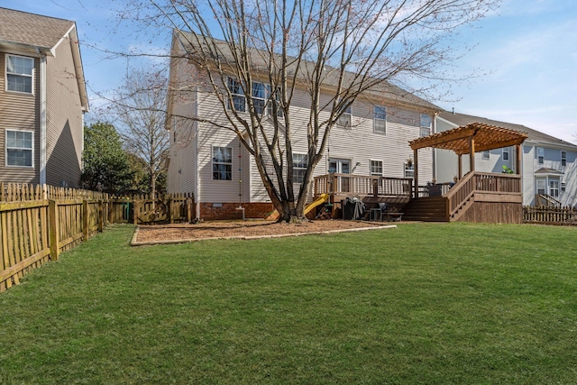 view of yard featuring a fenced backyard, a pergola, and a wooden deck