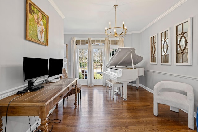 office with a notable chandelier, baseboards, wood finished floors, and crown molding