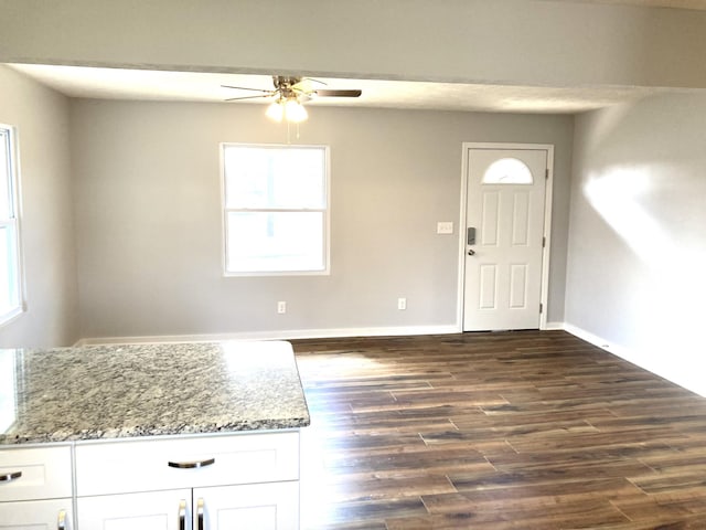 entrance foyer featuring dark wood finished floors, ceiling fan, and baseboards