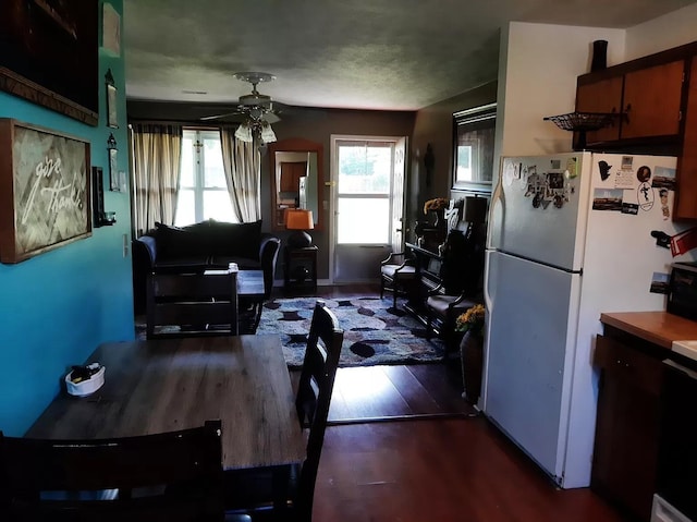 dining room featuring ceiling fan and wood finished floors