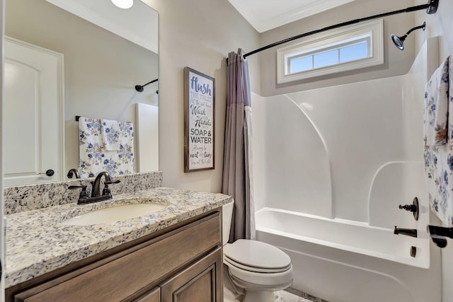 full bathroom featuring ornamental molding, shower / tub combo, vanity, and toilet