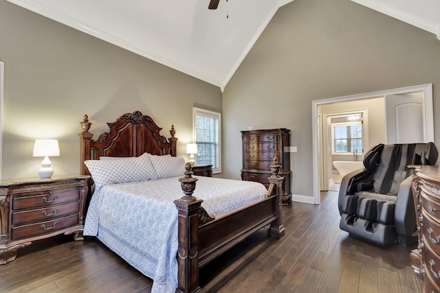 bedroom featuring ensuite bath, crown molding, multiple windows, and dark wood-type flooring