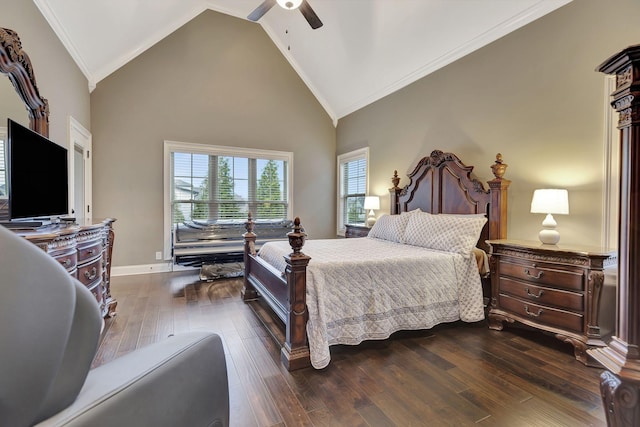 bedroom with crown molding, dark wood-type flooring, a ceiling fan, high vaulted ceiling, and baseboards