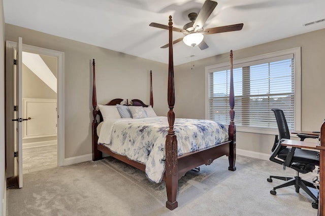 bedroom with a ceiling fan, baseboards, visible vents, and carpet flooring