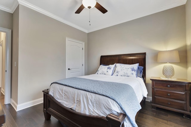 bedroom with crown molding, baseboards, ceiling fan, and wood finished floors