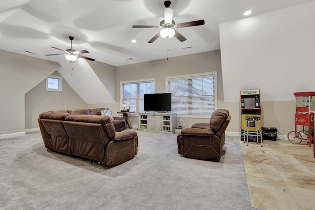 living area featuring light colored carpet, recessed lighting, visible vents, and baseboards