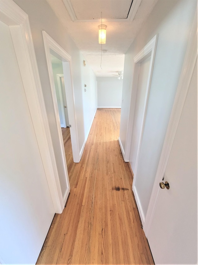 hallway featuring light wood finished floors, attic access, and baseboards