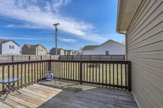 deck with a fenced backyard, a residential view, and a lawn