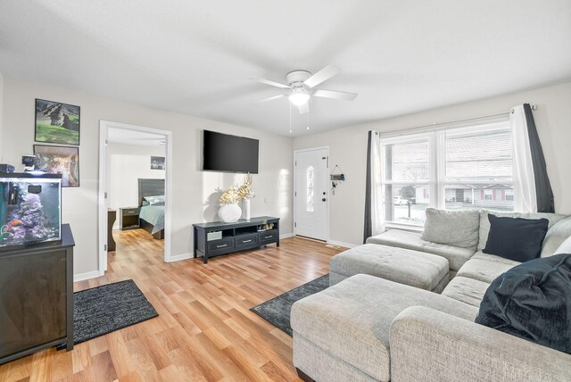 living area with wood finished floors, a ceiling fan, and baseboards