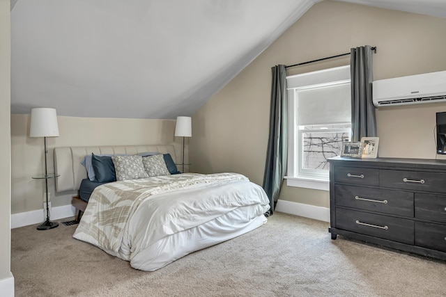 bedroom with carpet, a wall unit AC, lofted ceiling, and baseboards