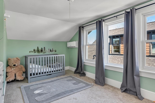 unfurnished bedroom featuring a wall mounted air conditioner, vaulted ceiling, carpet flooring, and multiple windows