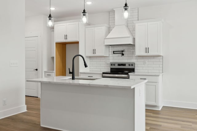 kitchen with tasteful backsplash, premium range hood, a sink, and stainless steel electric range