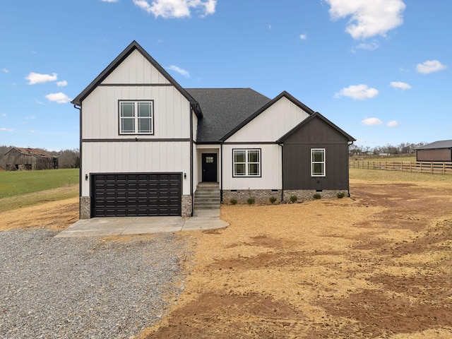 modern farmhouse with driveway, roof with shingles, crawl space, an attached garage, and fence