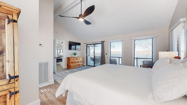 bedroom featuring visible vents, light wood-style floors, high vaulted ceiling, access to outside, and baseboards