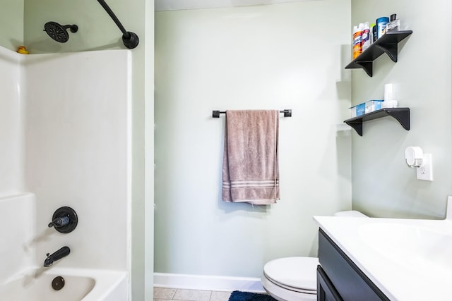 full bathroom with vanity, washtub / shower combination, baseboards, tile patterned flooring, and toilet