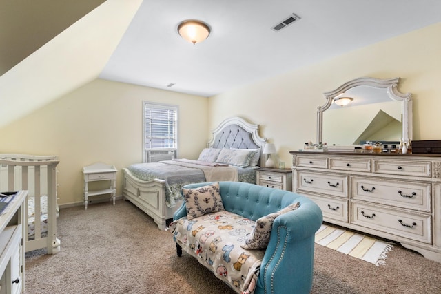 bedroom with visible vents, light colored carpet, cooling unit, and lofted ceiling