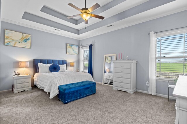 bedroom featuring carpet, a tray ceiling, visible vents, and baseboards