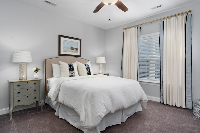 bedroom with a ceiling fan, carpet, visible vents, and baseboards