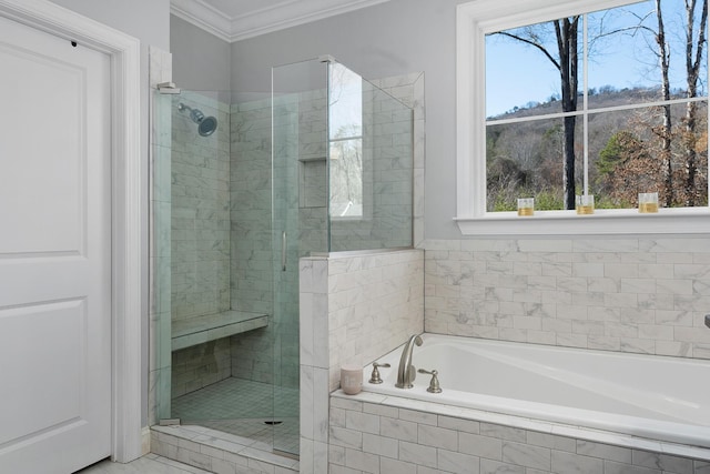 full bath featuring a wealth of natural light, a shower stall, and crown molding