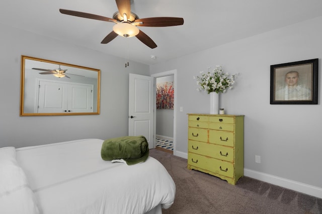 bedroom featuring carpet floors, ceiling fan, and baseboards