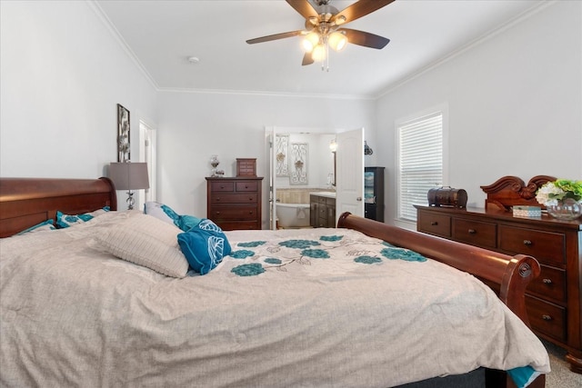 bedroom featuring ensuite bath, crown molding, and ceiling fan