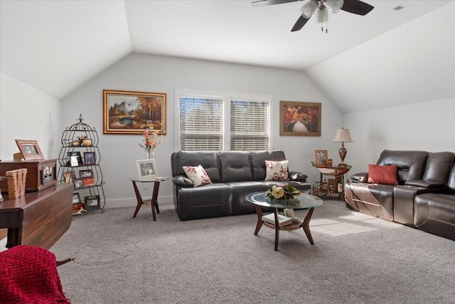 living room with baseboards, carpet, ceiling fan, and vaulted ceiling