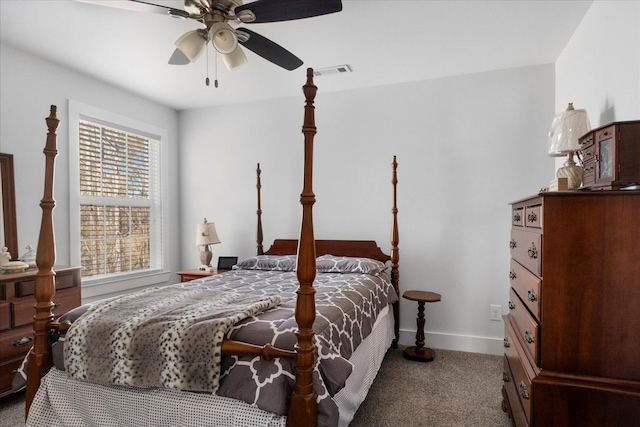 bedroom with visible vents, baseboards, carpet, and ceiling fan