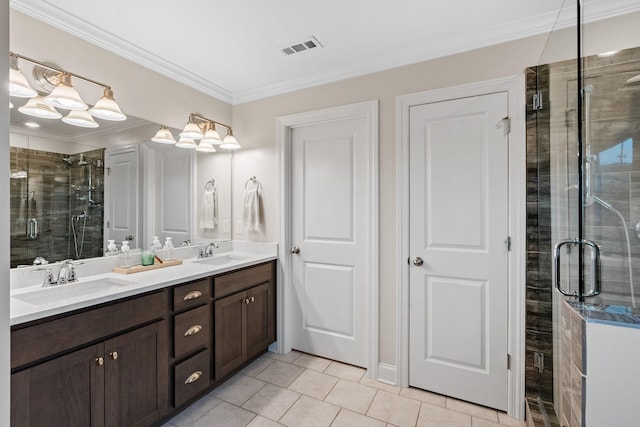 bathroom featuring visible vents, a sink, a shower stall, and double vanity